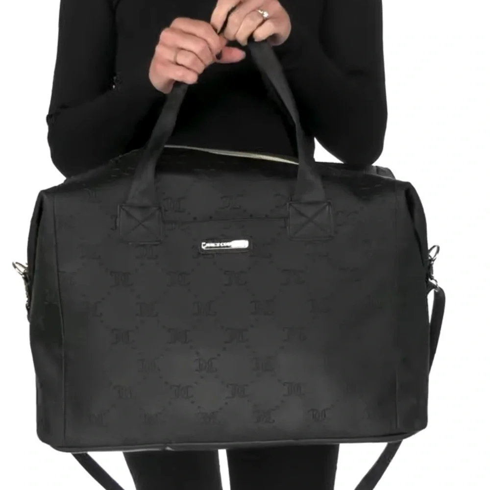 Juicy Couture Black Embossed Bag NEW Bestseller Word Play Overnighter travel bag